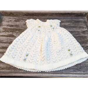 Handcrafted Beautiful White with Blue Flowers Knitted Baby Dress